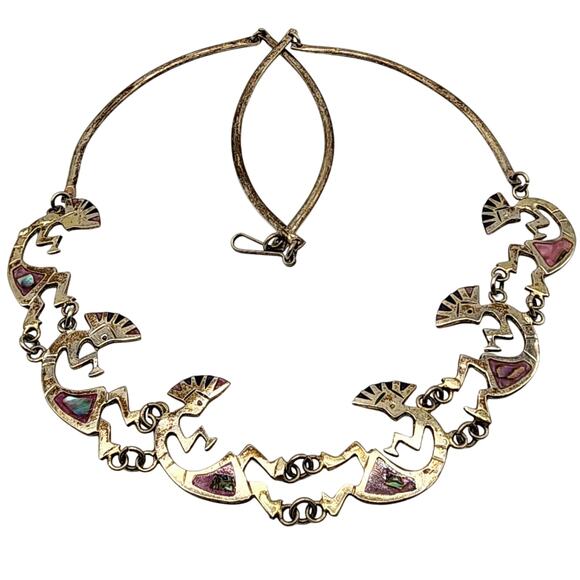 Vintage Mexican Alpaca Kokopelli Bib Necklace Pink & Blue Abalone Inlay 21" - Picture 1 of 5